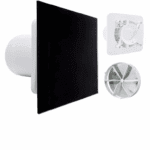 WENTYLATOR ŁAZIENKOWY FI125mm Z WYŁĄCZNIKIEM CZASOWYM PANEL CZARNE SZKŁO + GRATIS ZAWÓR ZWROTNY